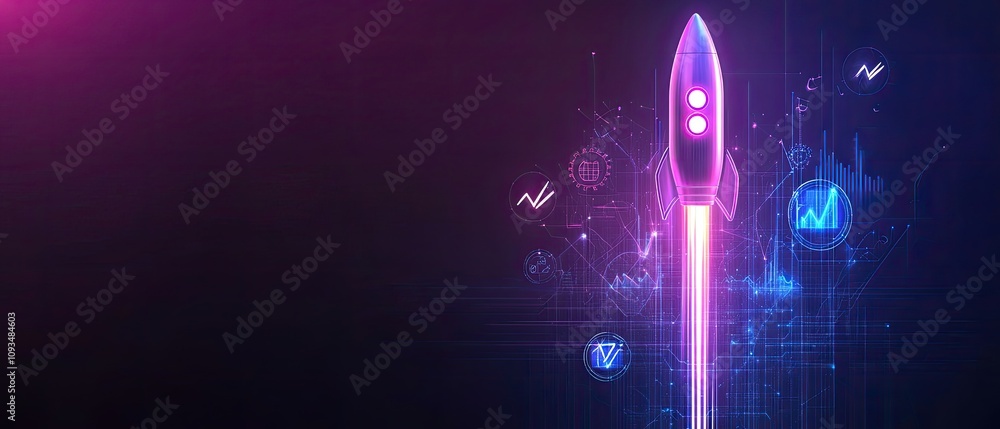 Poster futuristic rocket launching into space with digital graphs and abstract elements representing techno