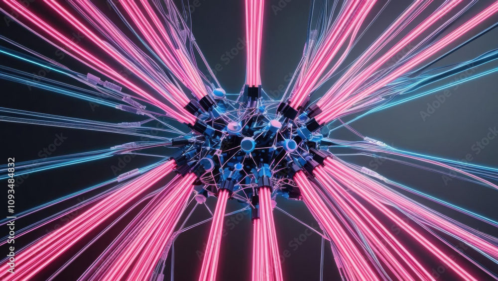 Poster advanced fiber optics create glowing neon data pathways in interconnected network of nodes, showcasi