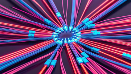 Fototapeta premium Advanced fiber optics create glowing neon data pathways, showcasing interconnected network of nodes in modern tech visualization. vibrant colors evoke sense of innovation and connectivity