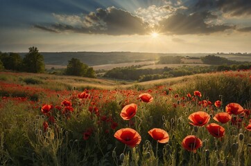 Red poppies in the fields in the sunlight.