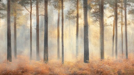 Obraz premium Misty Morning in the Pine Forest: A Serene Autumnal Landscape