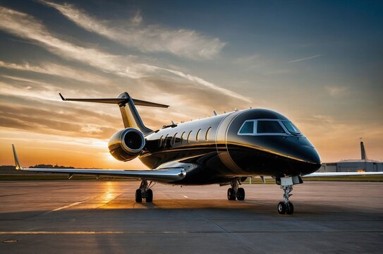 The business Jet plane is parked at the airport.Luxury class.