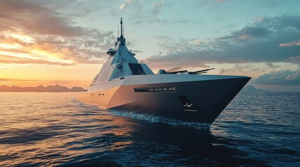 Fototapeta premium Sleek Modern Warship Navigating Calm Waters Under Dramatic Sunset Skies, Showcasing Advanced Design and Technology for Military and Maritime Aesthetics