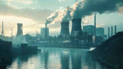 Naklejka premium Industrial Landscape with Smokestacks and Cooling Towers at Sunset Reflecting on Water in a Grimy Environment