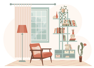 Modern home interior design. Cozy interiors for rest and relaxation. Apartment room items, decoration.