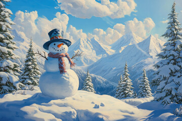 Obraz premium Snowman in the mountains, snow-covered pine trees behind him, blue sky with white clouds above him and a distant mountain range in the background