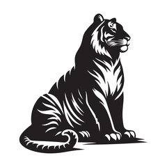 Tiger sitting majestically silhouette vector art black color design and solid white background 