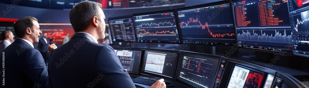 Poster professional traders analyzing financial data on multiple monitors in a stock exchange environment f