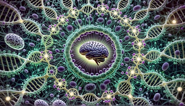 Cadena de DNA alrededor de un cerebro. De fono el cosmos. Representa nuestro paso por el universo y la importancia del sistema nervioso central y la neurolog&iacute;a como factor distintivo de la humanidad. 