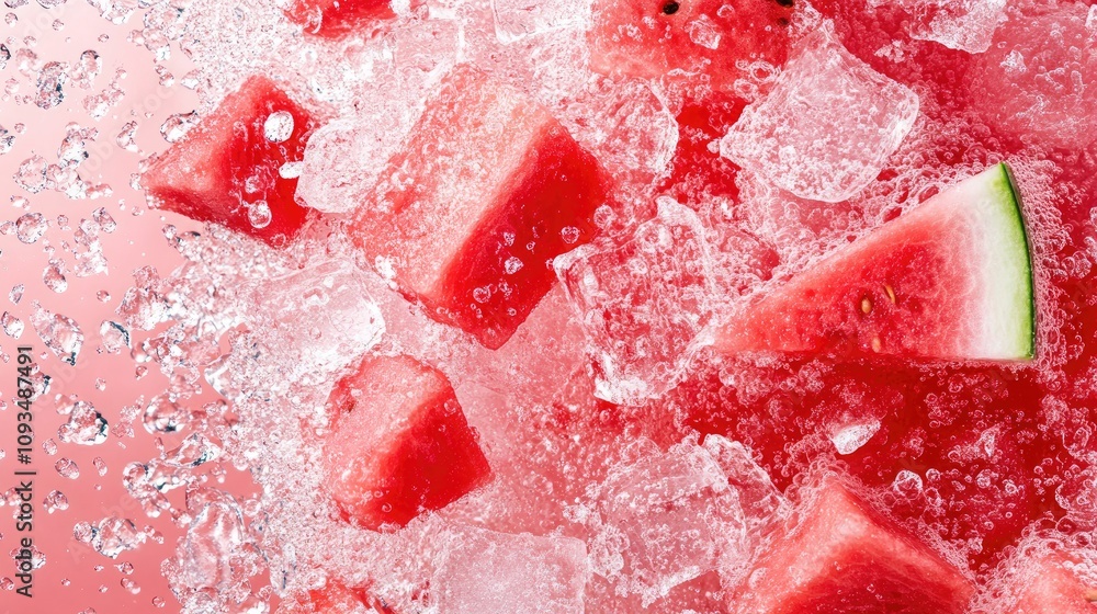 Poster fresh watermelon cubes on ice with sparkling water drops in a bright colorful background for refresh