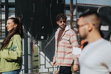 A group of friends casually interact outdoors on a sunny day, expressing joy and friendship. The...