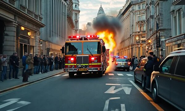Dramatic Emergency Scene with Fire Truck Response and Crowd Watching on City Street with Billowing Smoke and Explosive Fire