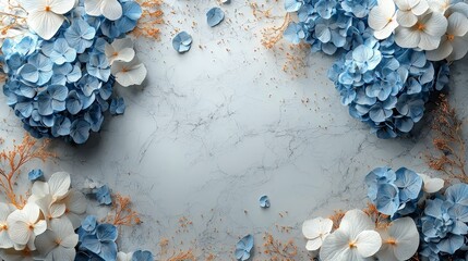 A serene arrangement of blue and white flowers on a marble background for decorative purposes.
