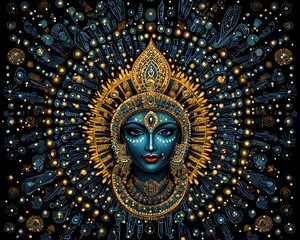 Obraz premium Intricate Artwork of a Divine Figure Surrounded by Radiant Patterns and Symbolic Elements Representing Spirituality and Cultural Heritage in Vibrant Colors