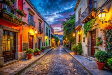 Fototapeta premium Serene Low Light Evening in Barrio Histórico: Captivating Shadows and Warm Glows of Historic Architecture and Cobblestone Streets