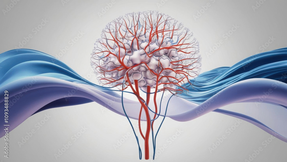Poster artistic visualization of neuron network merging with abstract waves, symbolizing emotional and cogn