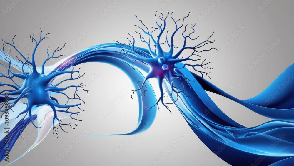 Poster artistic visualization of neuron network merging with abstract waves, symbolizing emotional and cogn