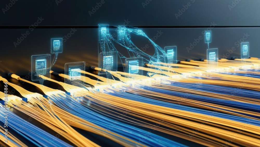Poster illuminated fiber links create sleek futuristic ambiance, showcasing cyber connectivity and holograp