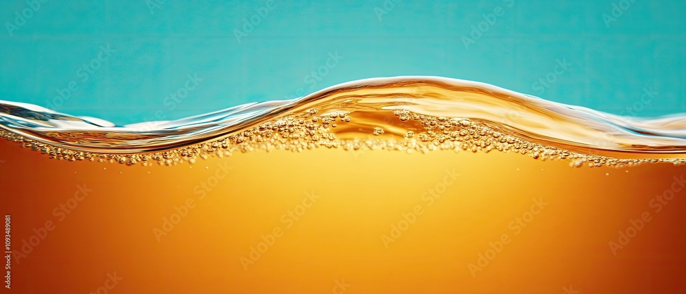 Poster captivating waves of golden liquid with air bubbles against a soft blue background in a refreshing a