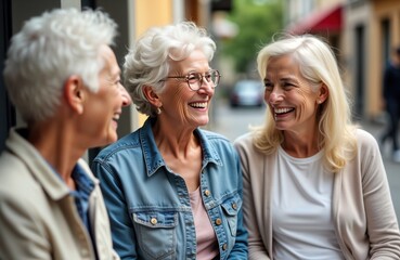 Three senior women laugh, chat outdoors. Enjoy relaxed conversation on city street. Elderly friendship core concept. Happy smiles highlight togetherness. Photo suggests community gathering. Look like