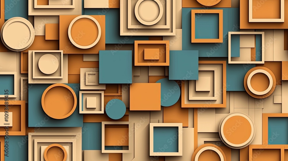 Poster geometric abstract composition with varying shapes and colors featuring circles and squares in earth