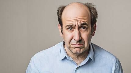 Middle-aged man with patchy uneven balding pattern on the top of his head highlighting visible insecurity