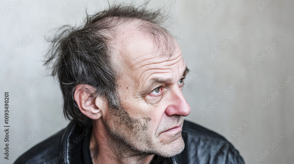 Poster middle-aged man with patchy uneven balding pattern on the top of his head highlighting visible insec