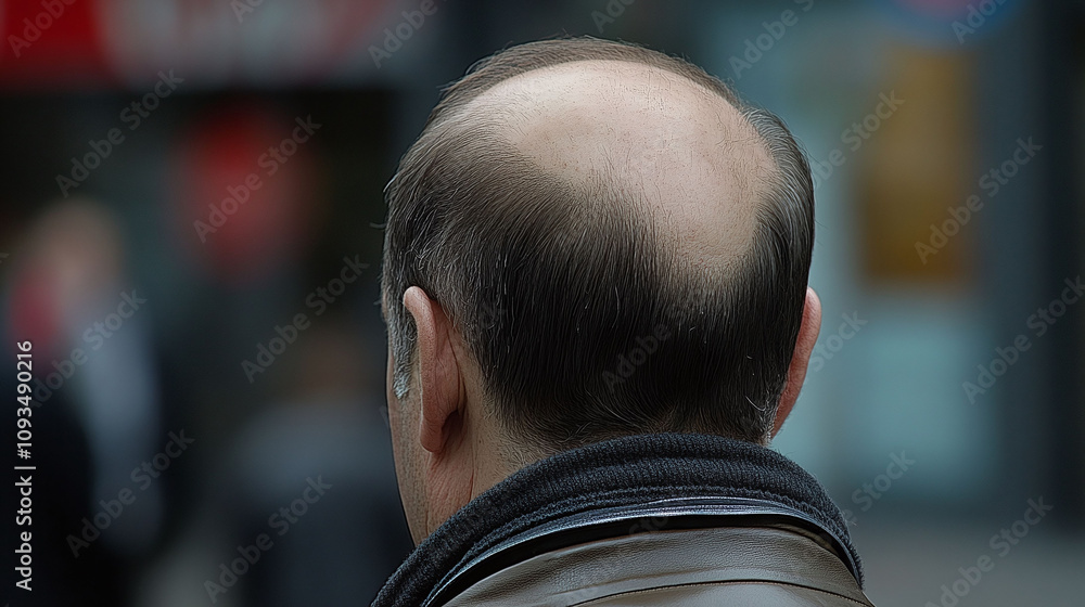 Poster middle-aged man with patchy uneven balding pattern on the top of his head highlighting visible insec