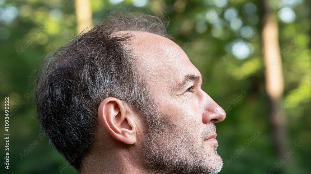 Poster middle-aged man with patchy uneven balding pattern on the top of his head highlighting visible insec