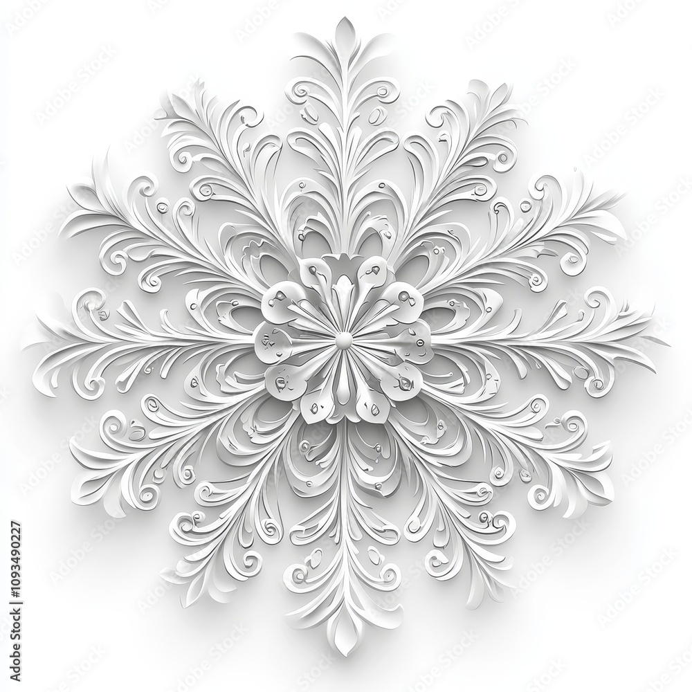 Poster a sizable and detailed translucent christmas snowflake in gray tones, suitable for light backgrounds