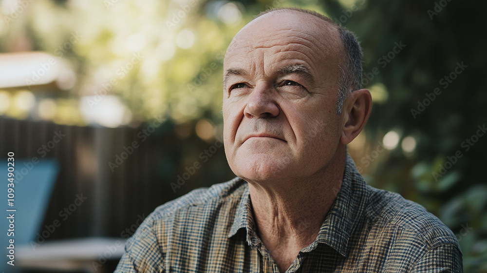 Poster middle-aged man with patchy uneven balding pattern on the top of his head highlighting visible insec