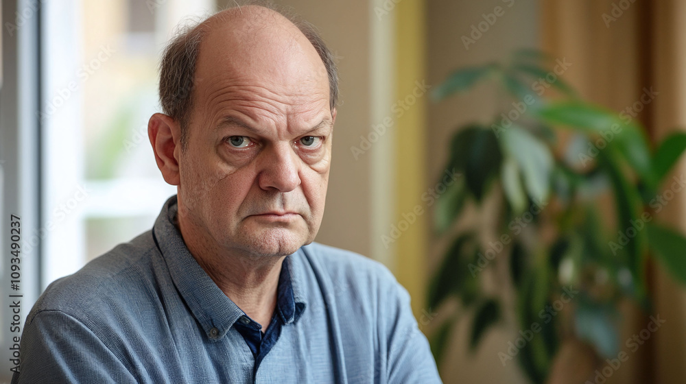 Poster middle-aged man with patchy uneven balding pattern on the top of his head highlighting visible insec