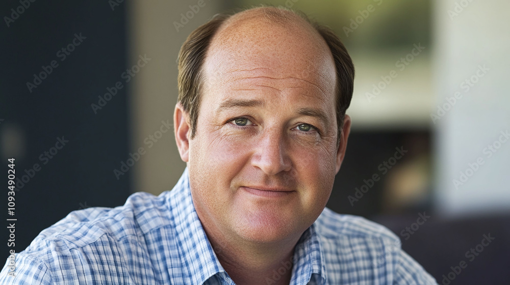 Poster middle-aged man with patchy uneven balding pattern on the top of his head highlighting visible insec
