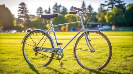 Fototapeta premium Vintage Bicycle Resting On Sunny Green Grass