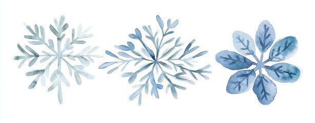 Isolated watercolor snowflakes, hand-drawn and set against a white backdrop.