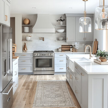 a kitchen with 1980s vinyl flooring but updated new cabinetry 