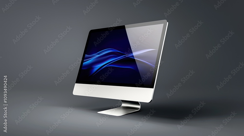 Poster modern desktop computer displaying abstract blue waves on a sleek gray background, showcasing advanc