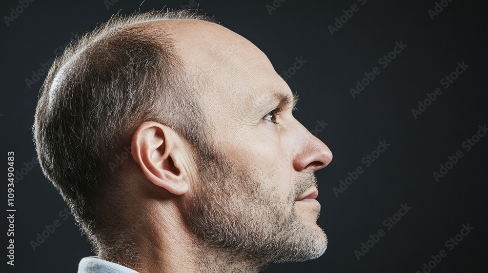 Poster middle-aged man with patchy uneven balding pattern on the top of his head highlighting visible insec