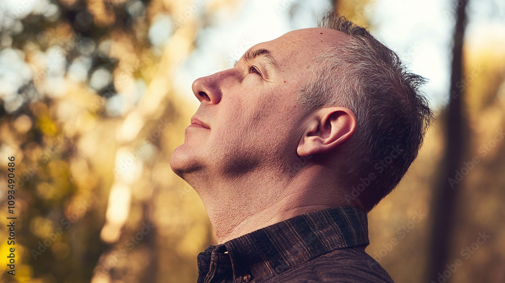 Poster middle-aged man with patchy uneven balding pattern on the top of his head highlighting visible insec