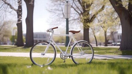 Fototapeta premium White Bicycle Parked in a Sunny Park Setting