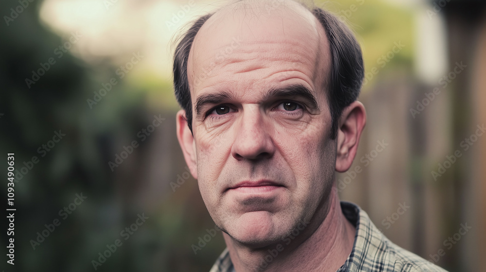 Poster middle-aged man with patchy uneven balding pattern on the top of his head highlighting visible insec