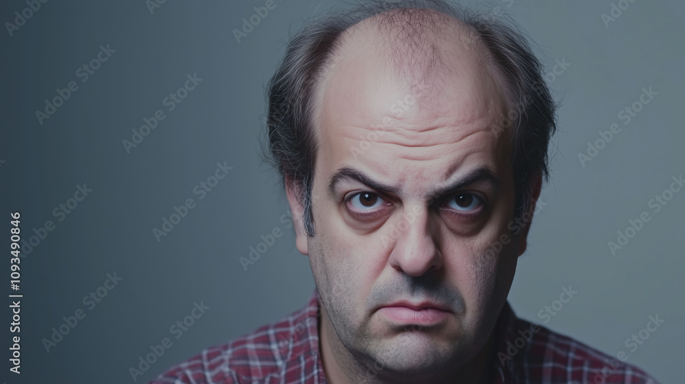 Poster middle-aged man with patchy uneven balding pattern on the top of his head highlighting visible insec