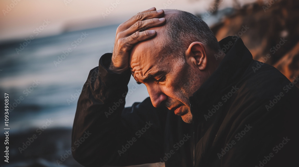 Poster middle-aged man with patchy uneven balding pattern on the top of his head highlighting visible insec