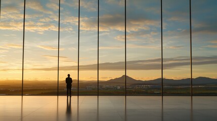 Contemplative individual gazing at sunset over mountain landscape modern interior tranquil view