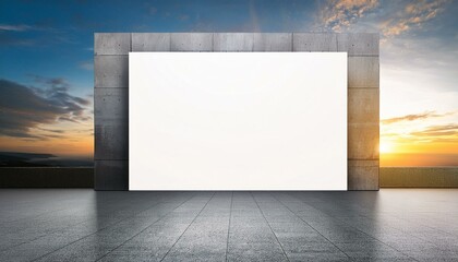 Abstract concrete exhibition space with empty white mock up poster and sunset sky background....