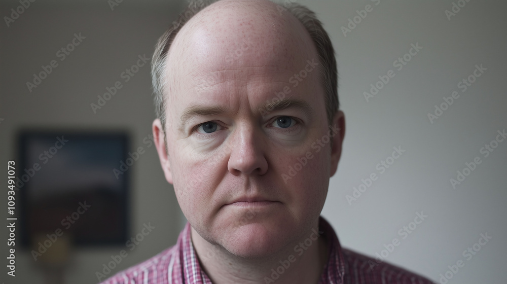 Poster middle-aged man with patchy uneven balding pattern on the top of his head highlighting visible insec