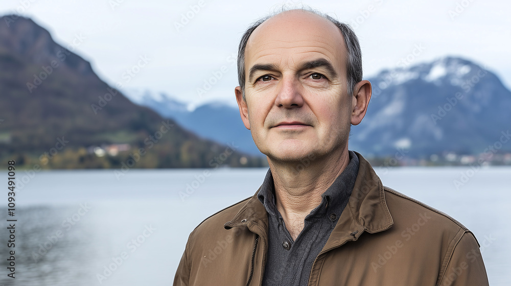 Poster middle-aged man with patchy uneven balding pattern on the top of his head highlighting visible insec