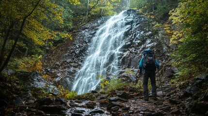 Obraz premium Hiker Exploring Serene Waterfall in Autumn Forest Surrounded by Colorful Foliage and Rocky Terrain Amidst the Beauty of Nature's Tranquility