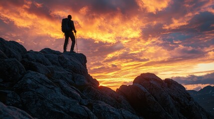 Obraz premium Silhouetted Hiker on Rocky Outcrop Against a Dramatic Sunset Sky with Bright Hues of Orange, Yellow, and Purple Over Expansive Mountain Landscape