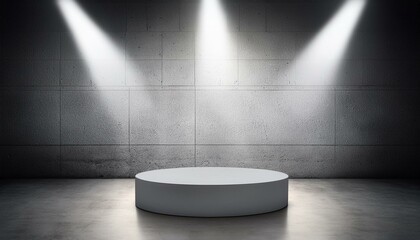 Circular podium under spotlights with a concrete wall background in a modern exhibition room interior. 3D Rendering